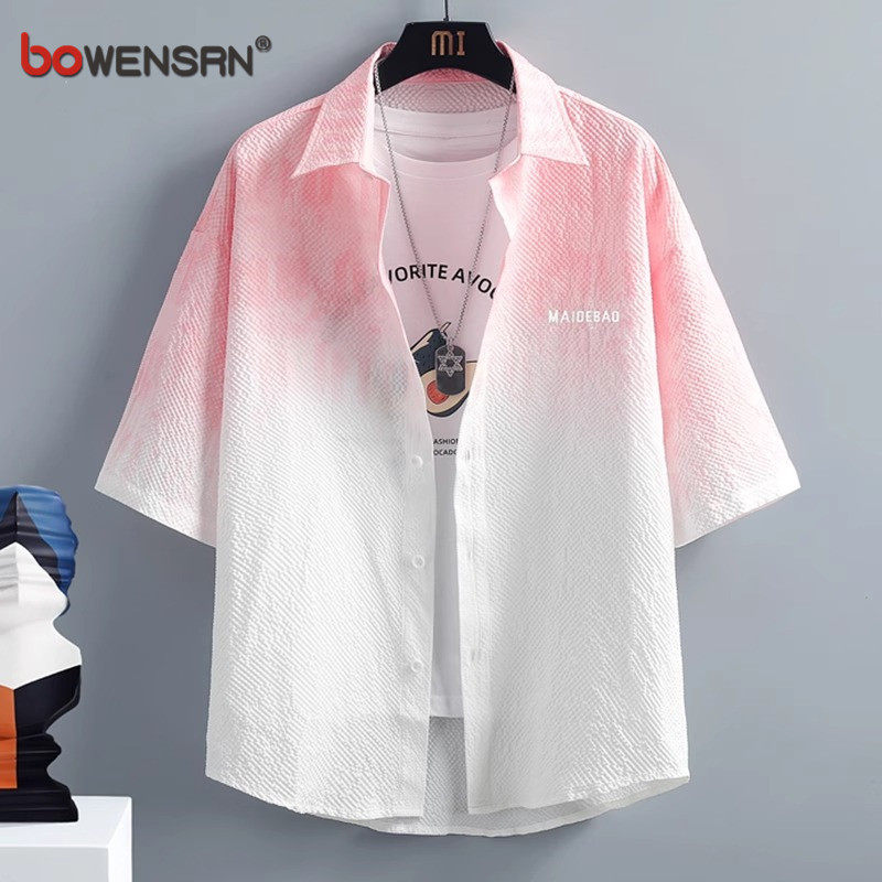 泡泡纱短袖衬衫男士2026新款夏季薄款渐变色五分中袖衬衣外套男款