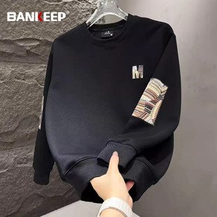 潮牌刺绣贴布卫衣男士2026新款冬季加绒厚圆领长袖t恤打底衫男款