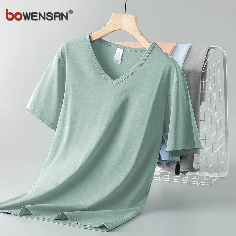 莫代尔冰丝短袖t恤男士夏季2026新款V领纯色凉感透气速干半袖男款