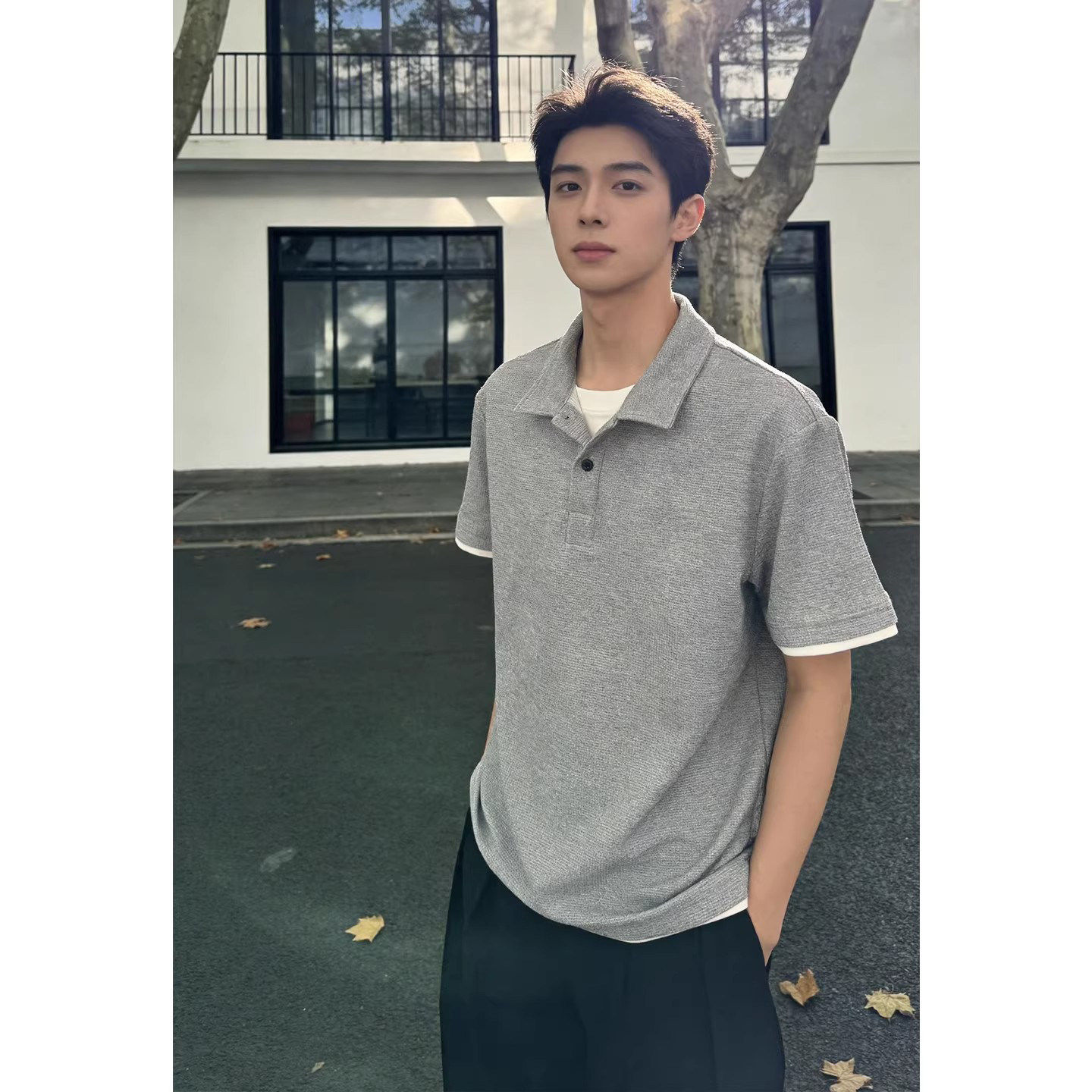 韩国Uamtor灰色美式假两件短袖polo衫男生夏翻领T恤正肩五分半袖