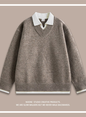NOONE | 小众设计感 美式高街拼接假两件翻领趣味 | 男毛衣