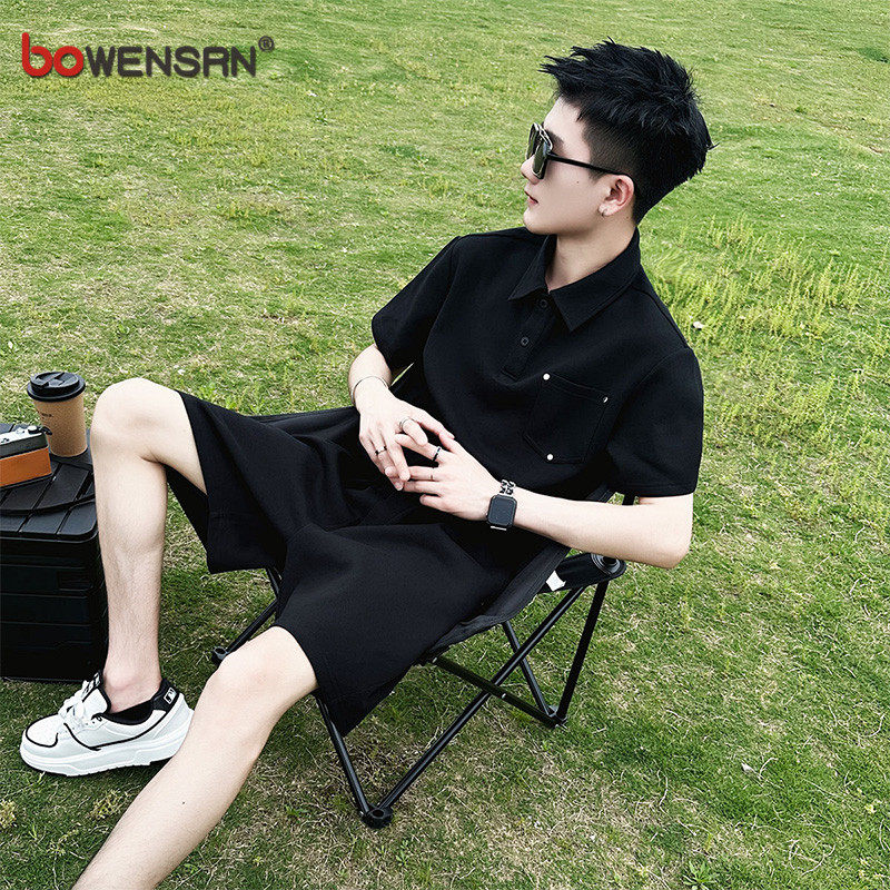 高端冰丝套装男士polo衫短袖T恤夏季2026新款帅气短裤两件套男装