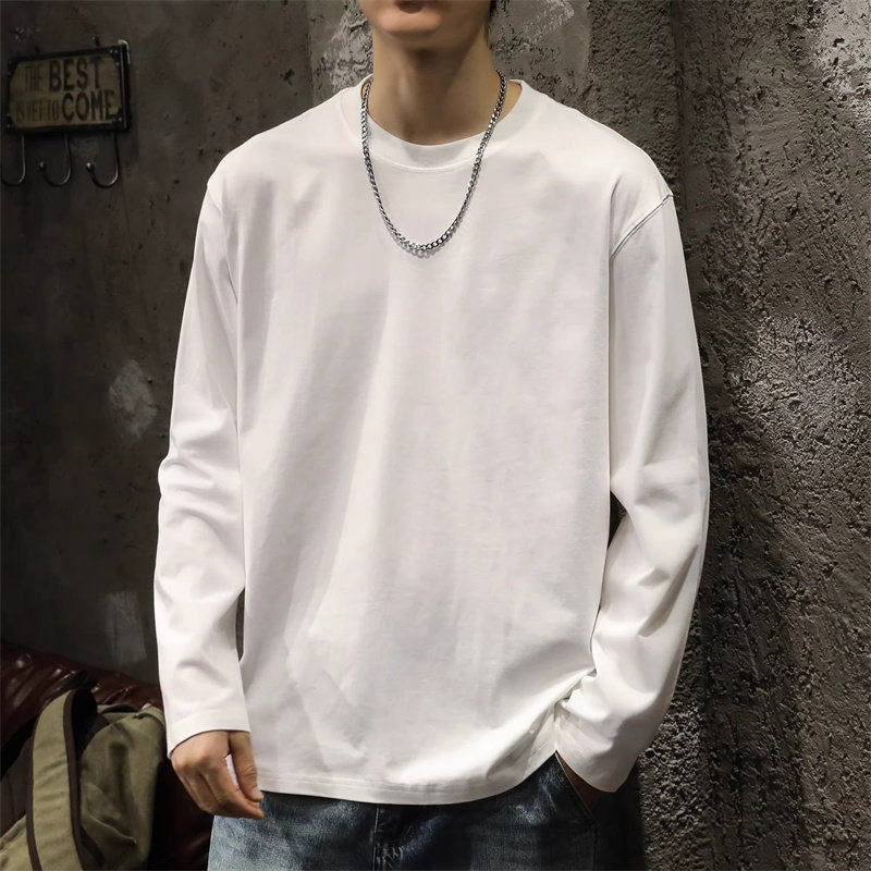 韩国Uamtor重磅纯棉白色长袖T恤男士打底体恤衫秋冬内搭圆领上衣