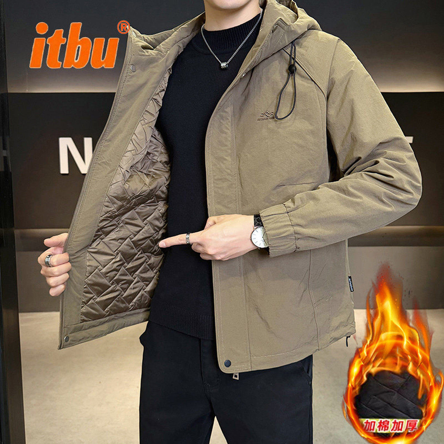 连帽冲锋衣外套男士2025新款冬装加厚工装夹克棉服男外套男款冬季