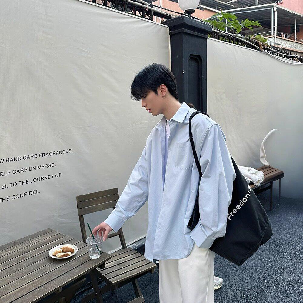 韩国Uamtor翻领长袖衬衫男秋季韩版宽松cleanfit纯棉衬衣纯色外套