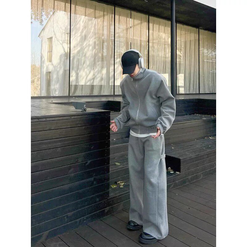 韩国Uamtor秋季新款纯色休闲运动套装男百搭卫衣外套阔腿直筒长裤