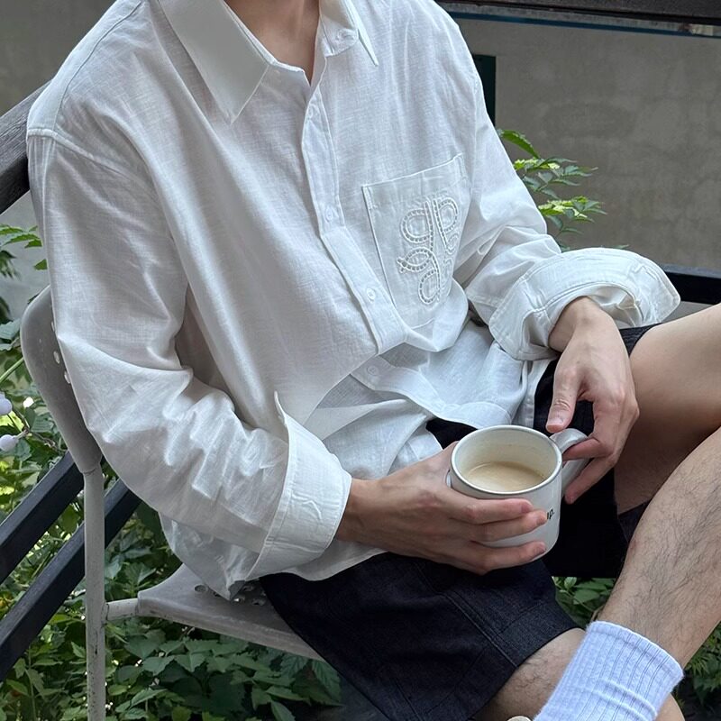 韩国Uamtor衬衫男秋季镂空口袋薄款白色亚麻防晒长袖新款简约休闲