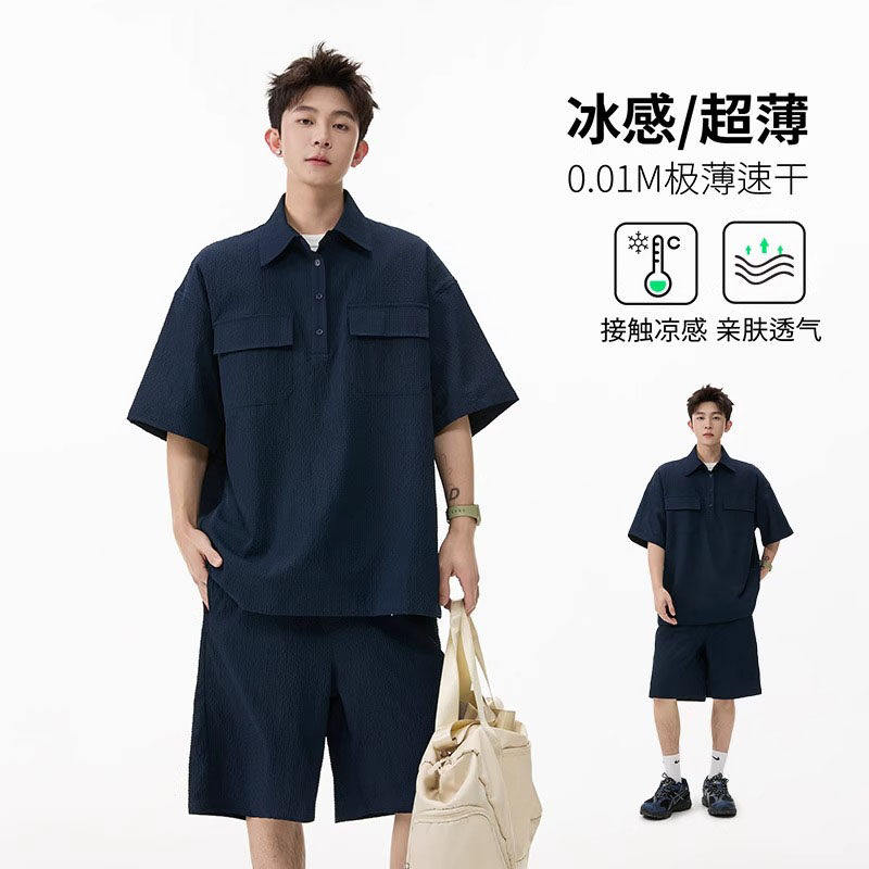 韩国Uamtor男套装夏季休闲运动POLO衫短袖短裤宽松T恤翻领两件套