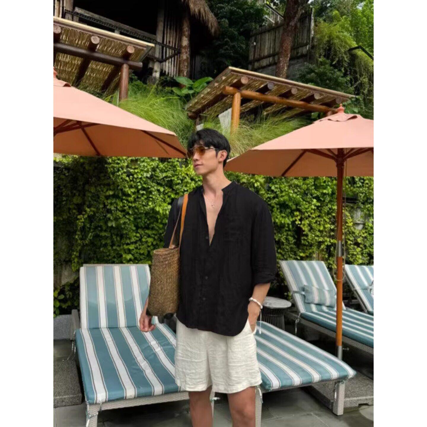 韩国Uamtor老钱风亚麻黑色立领衬衫男夏季松弛感度假穿搭衬衣外套