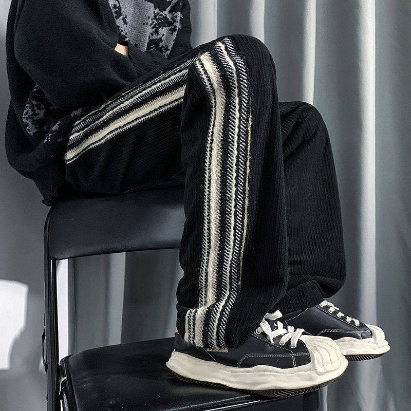 潮牌休闲裤男士秋冬季美式高街宽松直筒长裤子加绒加厚条纹运动裤