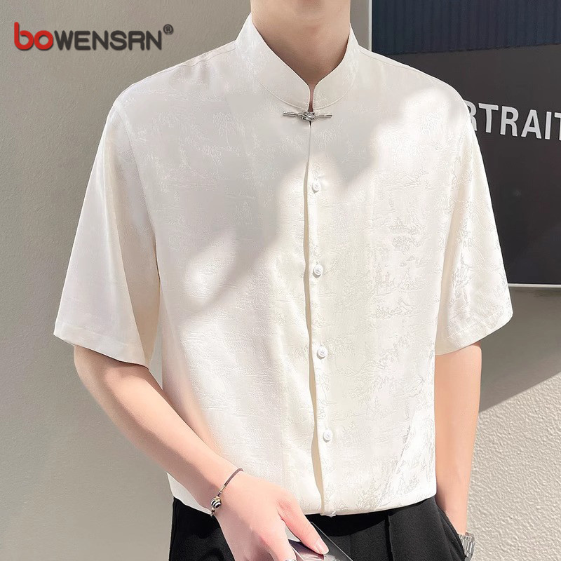 新中式短袖衬衫男士2025新款夏季冰丝提花国风唐装立领衬衣服男款