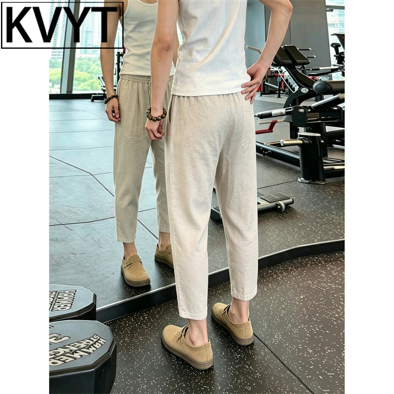 高级感莱赛尔天丝亚麻裤子男款夏季薄款九分裤2026新款男裤休闲裤