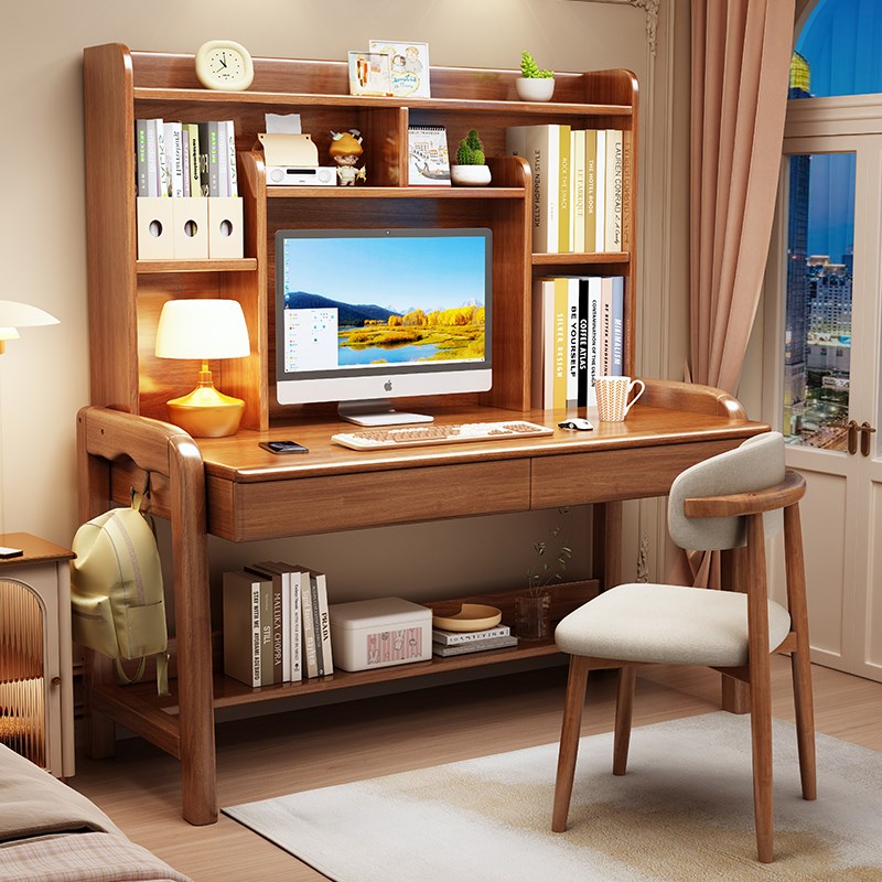 速发中木书桌书架一体学生家用电脑桌卧室初实生可升降书柜组习学