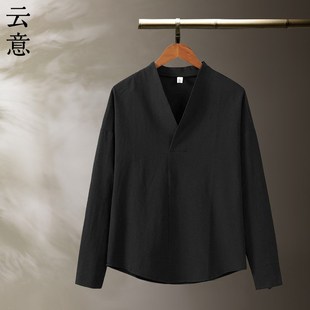 T士中中风内搭汉服纯棉打底领复古纯色上衣 长袖 速发春国式 V衫