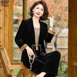 速发新式中妈妈春秋时尚金丝装套绒洋气宽松上衣中老年初秋国风外