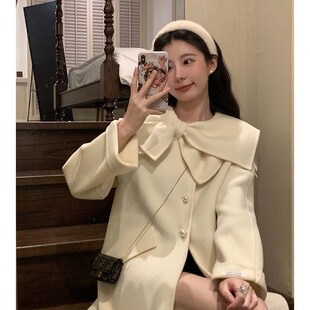 速发气质名媛蝴蝶结白长毛呢大衣呢加厚小个子中色款冬子外套