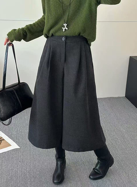 2025新款高腰灰色羊毛呢七分女裤秋冬保暖直筒阔腿裤八分休闲百搭