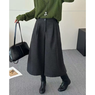 2026新款高腰灰色羊毛呢七分女裤秋冬保暖直筒阔腿裤八分休闲百搭