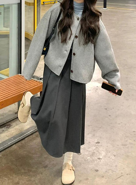 2025新款秋冬灰色毛呢百褶裙大码梨形身材遮胯遮肉中长款a字裙女