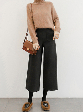 垂感灰色毛呢秋冬阔腿裤八分裤阔腿休闲日常高腰设计气质时尚百搭