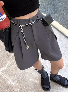 ROSEKIKI2025新款西装短裤遮胯夏季薄款a字阔腿五分中裤灰色垂感