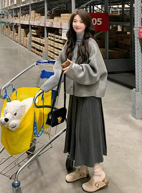高级感灰色半身裙秋冬毛呢面料韩版简约百褶裙慵懒超好看的a字裙