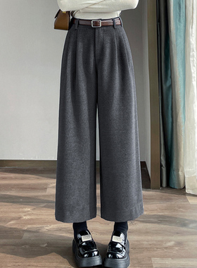 秋冬新款灰色毛呢阔腿裤女九分胖mm大码显瘦小个子梨型身材高腰