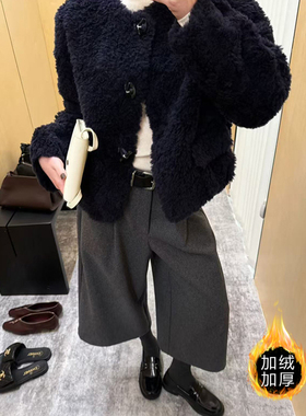 灰色高级阔腿裤七分毛呢秋冬高腰显瘦休闲百搭八分阔腿裤优雅气质