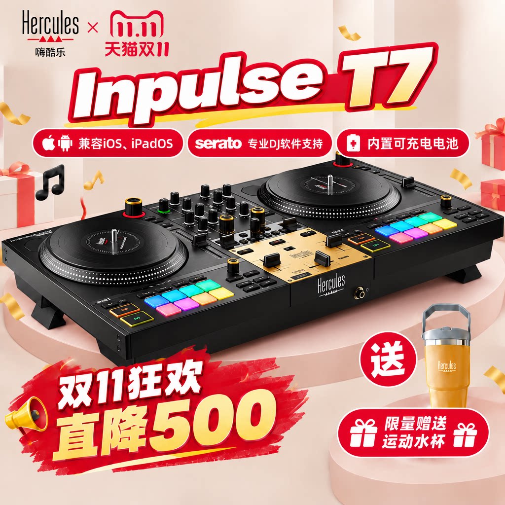 Hercules嗨酷乐 T7 专业DJ转盘黑胶搓碟打碟机控制器Serato莱恩