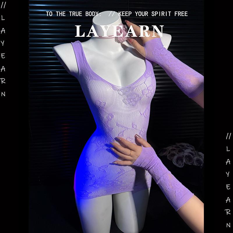 LAYEARN贴身诱惑撕撕乐蕾丝透明网衣紫色显瘦包臀裙qqny