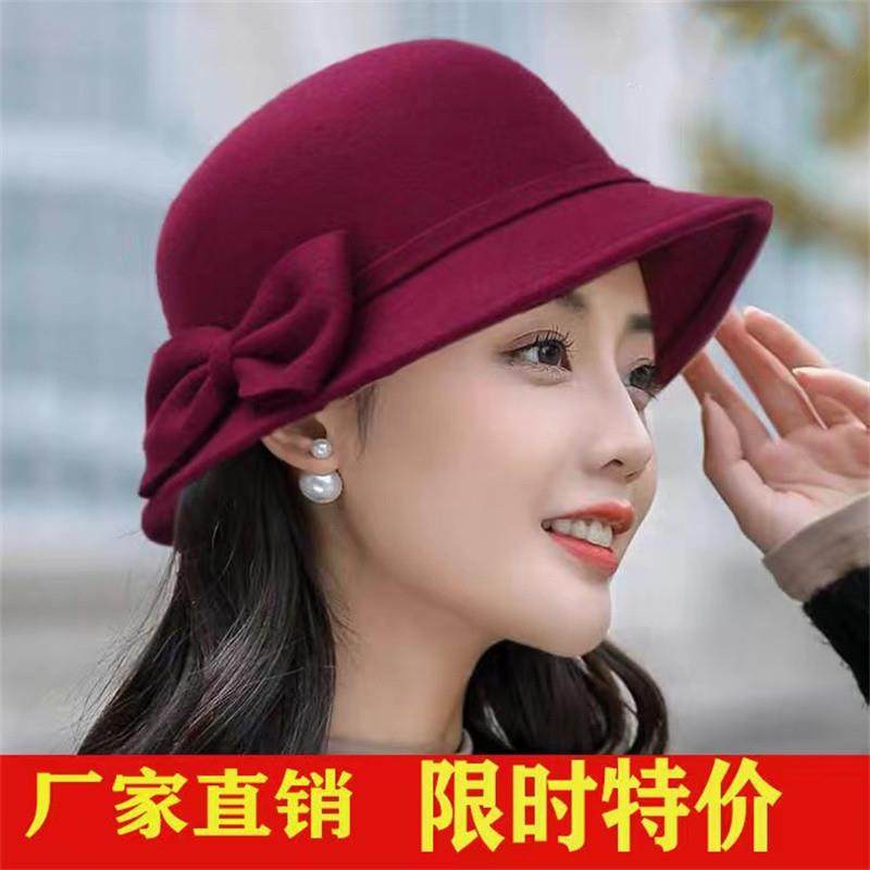 红色本命年礼帽秋天女式英伦名媛复古优雅法式秋冬毛呢蝴蝶结帽子