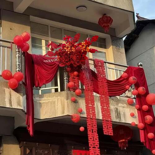 F9956997农村结婚庭院子婚礼布置自建房大套门口房布装幔布置婚饰