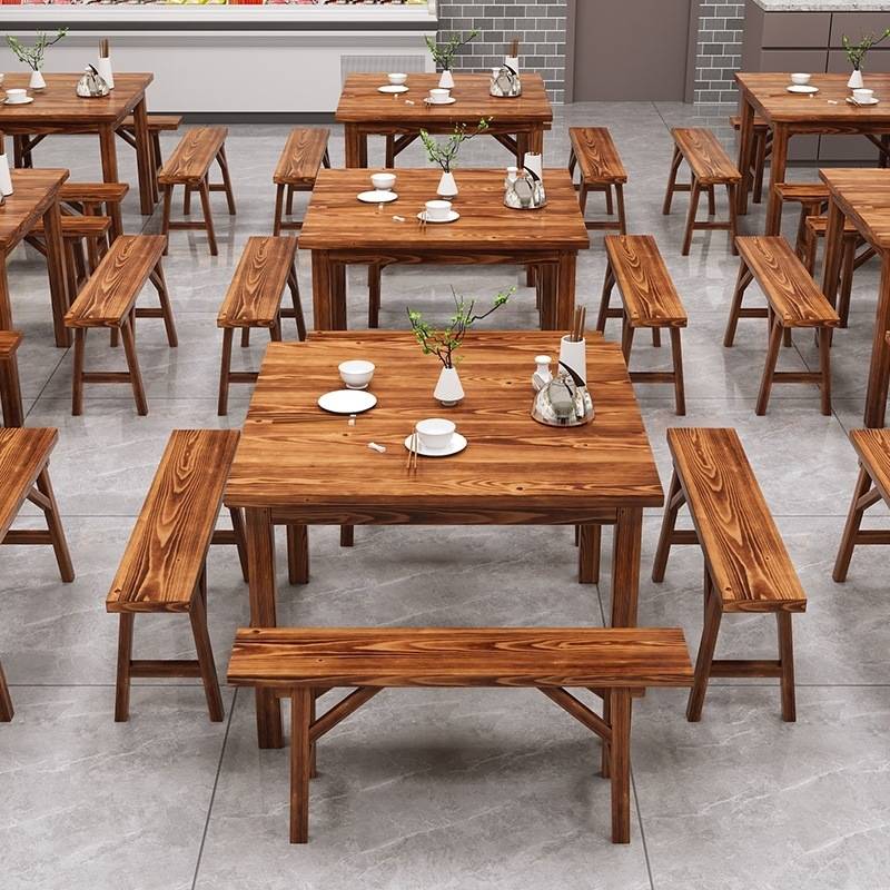 炭烧木餐桌实木桌椅餐桌小吃店大排档烧烤面馆饭店加厚四方桌子厂