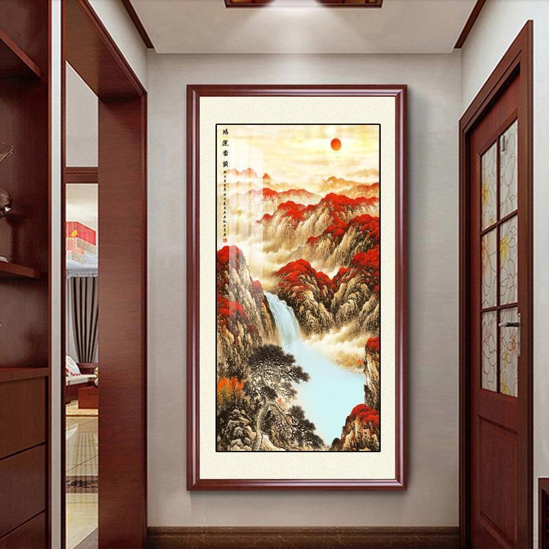 聚宝盆山水国画走廊入户玄关过道挂画竖版办公室装饰画客厅靠山图