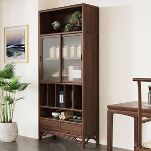 置门20230409新中式实木博架推拉玻古璃门书架客厅书柜带柜门落地