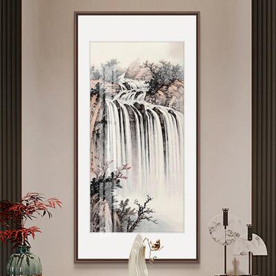 高山流水HPF布画中式玄关装饰画山水画新走瀑廊过道壁竖画版挂画