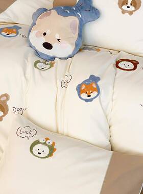 【送抱枕JYA】件卡通长绒棉纯棉棉磨毛刺绣四套全被儿童加厚套床