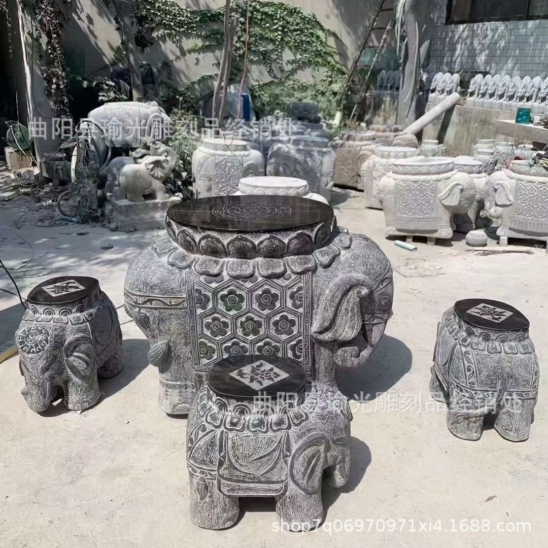 中式仿石雕青石象蹲茶台桌椅
