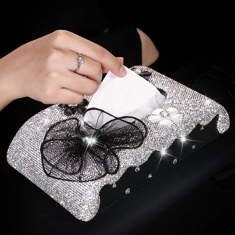 车载纸用纸巾盒天鹅镶镶钻纸巾钻扶手箱座式汽车品餐巾车用抽纸盒