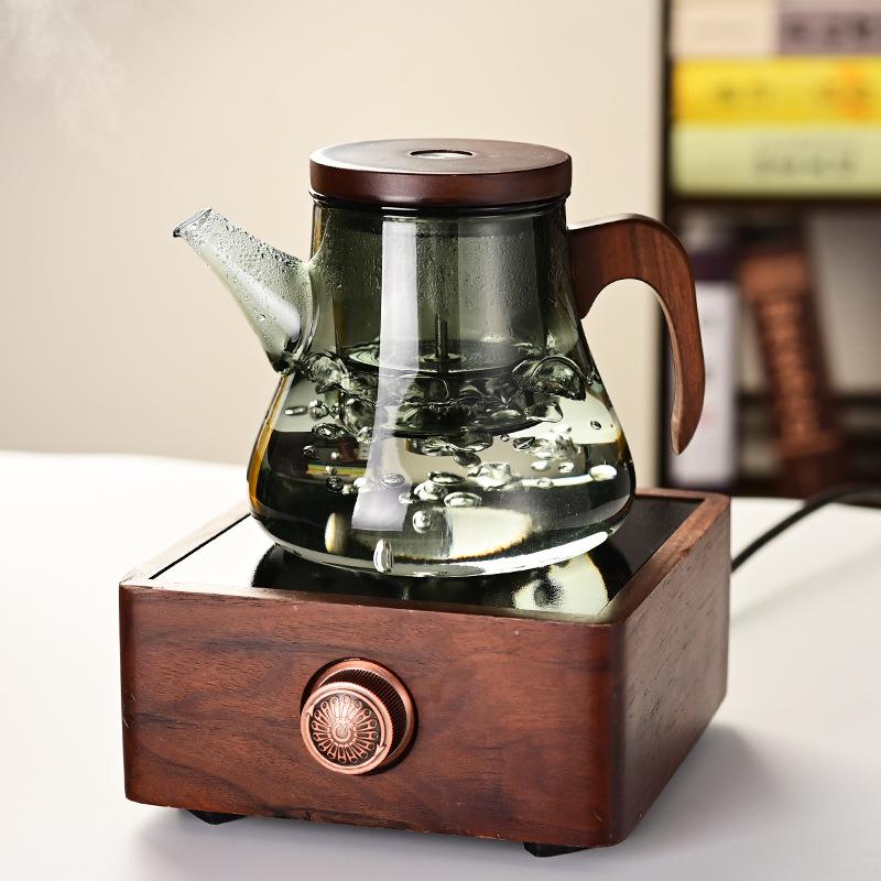 木把耐高玻璃花温茶壶新型一键式按压过滤高泡茶壶硼硅玻璃OPL茶