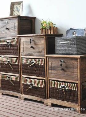 包复古实木现代简约40CM床邮头柜物式美田园藤GRN编收纳储柜斗柜