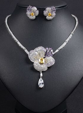 欧美跨境花朵锆石项链耳环套装高级小众奢华新娘礼服项饰配饰批发