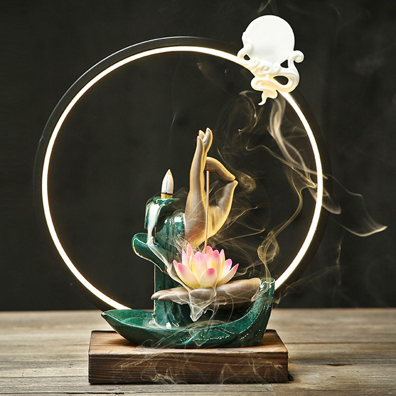 禅意LED灯圈佛手倒流香炉家用室内安神檀香熏香炉茶道玄关灯摆件,包装,包装胶带,淘宝优惠券,粉丝福利购,淘宝优惠卷