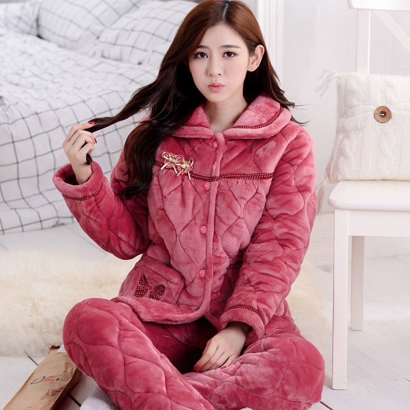 珊瑚绒睡衣女夹棉三层加厚加绒保暖法兰绒中老年妈妈冬家居服享折