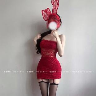 尤珍~红色蕾丝抹胸连衣裙紧身包臀裙纯欲性感辣妹兔女郎制服套装