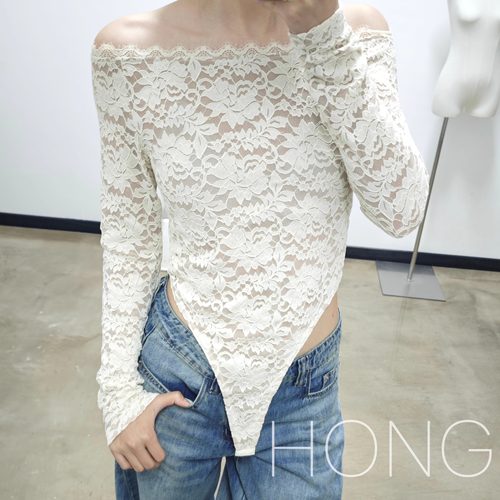 广州红姐 蕾丝长袖上衣女一字肩法式浪漫绝美ins巨好看的内搭