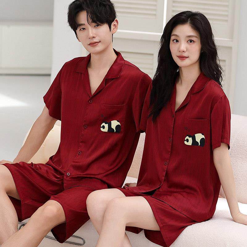 夏季情侣睡衣女冰丝新婚结婚家居服红色新郎新娘时尚晨袍睡衣套装