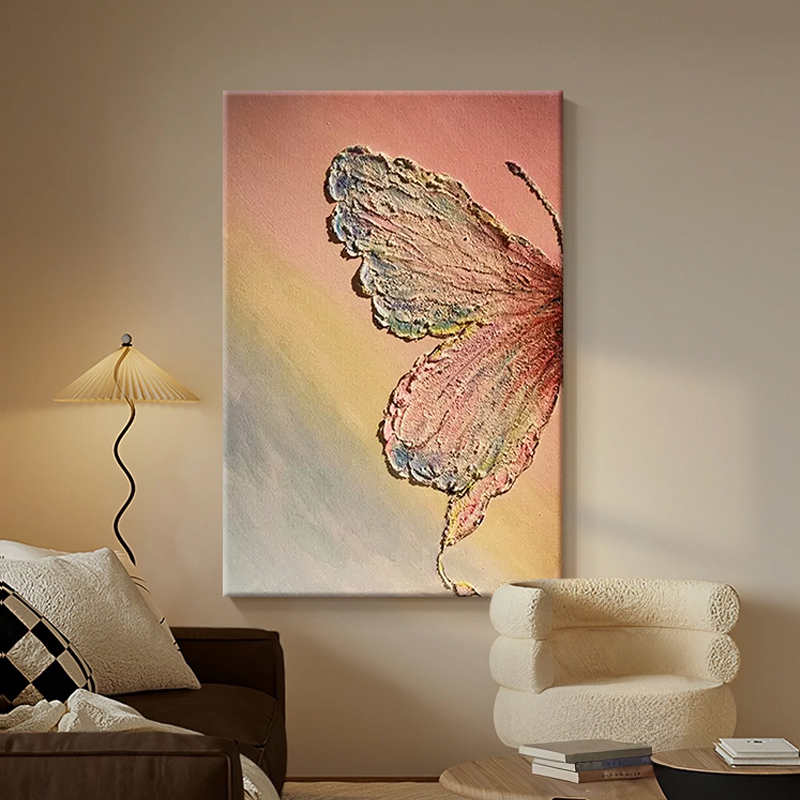 法式中古玄关装饰画创意立体蝴蝶挂画油画布肌理感客厅背景墙壁画图片