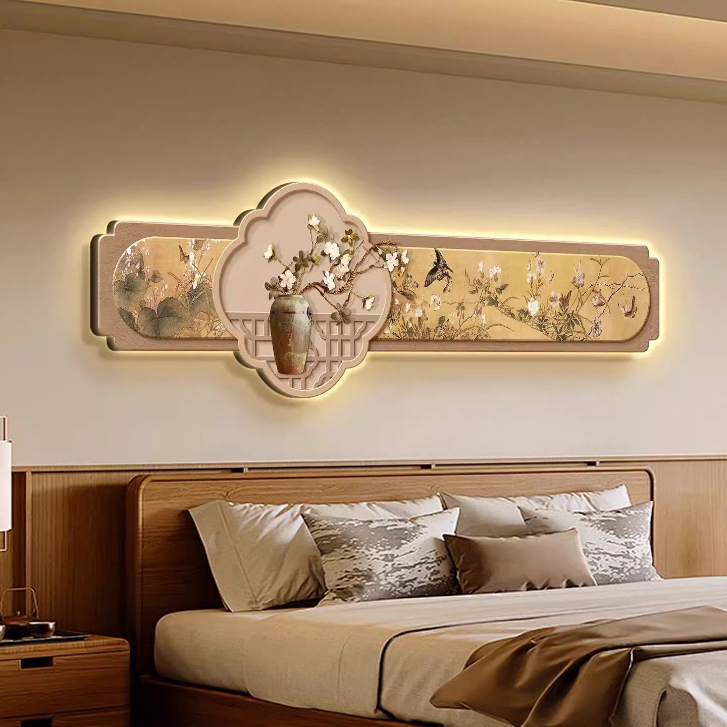 宋代美学卧室床头装饰灯画新中式发光主卧背景墙挂画房间布置壁画