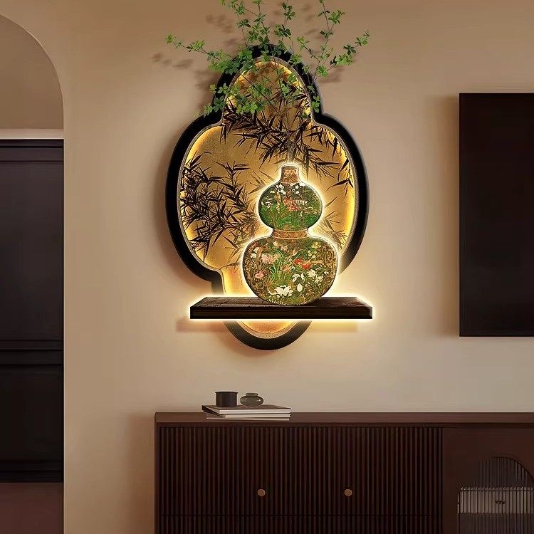 中古风客厅装饰画葫芦新中式玄关挂画竹子电视机沙发背景墙壁画灯